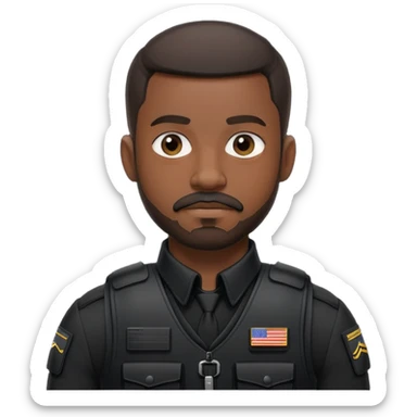 black soldier very short hair, short beard that connects seamlessly to his mustache,  in black bulletproof vest, black uniform sticker