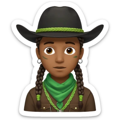 Black boy with 3 braids on each side of face wearing a black cowboy hat with green bandana around his neck sticker
