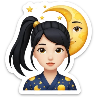 girl with black ponytail, sun, moon, star sticker