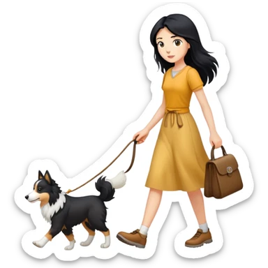 A girl with long black hair walking a collie sticker