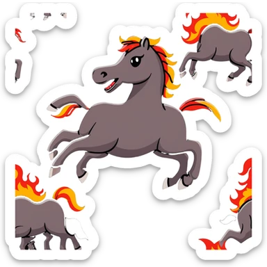A red galloping horse composed entirely of fiery embers, magma flowing through its body, visible lava veins, flames burning along its mane and tail, with ash particles floating around it sticker