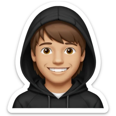 20 yr old man, brown hair, straight, big smile, white teeth, tanned skin, bangs, black hooded sweatshirt, long hair in back, middle parted bangs sticker
