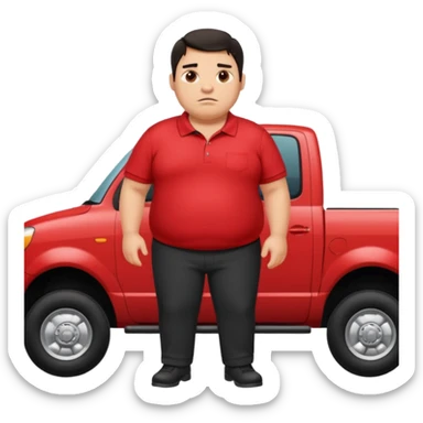 Fat guy with dark hair jacking up a truck while sweaty in a red polo and black pants sticker