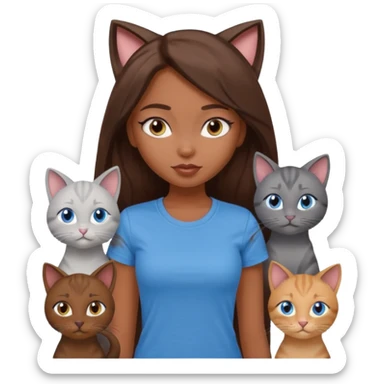 a pretty bratz dusky girl with long brown hair, blue eyes with six cats nd wearing a grey tshirt sticker