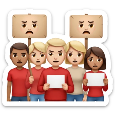 a crowd of people with angry faces and holding placards that read: we disagree sticker