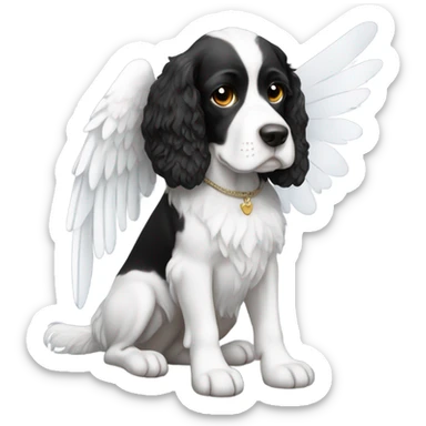 black and white britiny spaniel with angel wings sticker