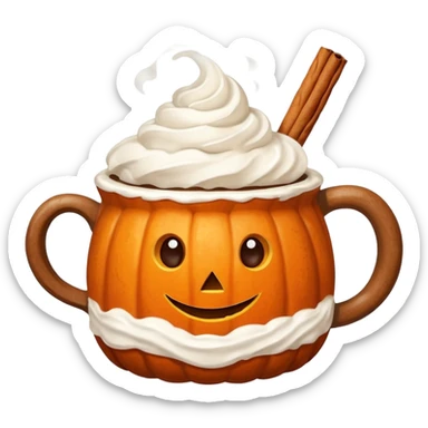 Steaming coffee Mug with whipped Cream and cinnamon Dust on Cream.  Small Punkin and 3 sticks of cinnamon next to mug sticker