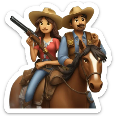 Pascalito and Thushy riding a horse with texas hats armed with a rifle sticker