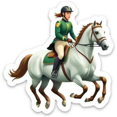 An icon featuring a horse and rider galloping gracefully over a lush green field. The rider is in full gear, guiding the horse with precision. The background shows rolling hills, a clear blue sky, and vibrant sunlight illuminating the scene. Transparent background highlights the elegance sticker
