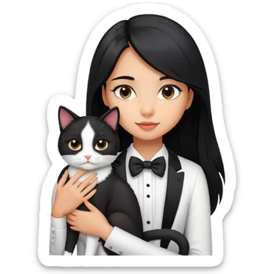 A beautiful girl with long black hair wearing a white short-sleeved shirt hugs a tuxedo cat sticker