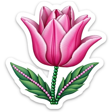 french beaded pink tulip flower with 2 leaves, handmade with glass beads, no background sticker
