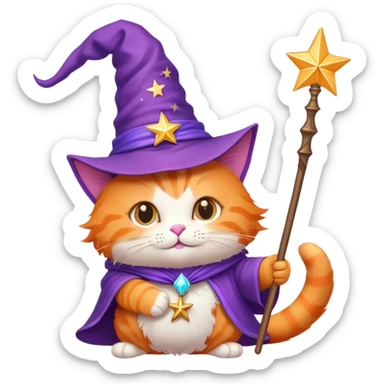 Orange cat wearing a purple wizard hat and holding a magic wand with a star at the tip sticker