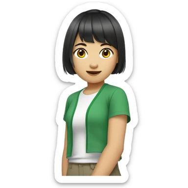 Asian girl with short hair with bang and gren t-shirt on sticker
