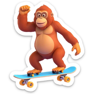 a cool orangutan skateboarding dynamic action playful style sticker