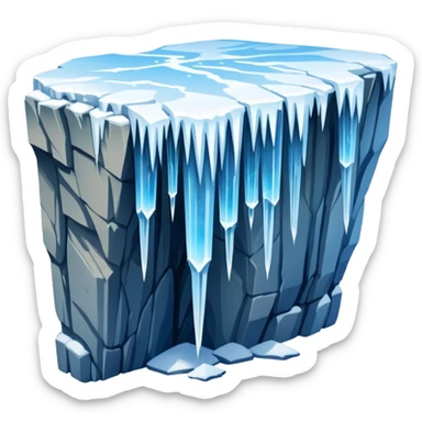 A stunning winter scene showing long, sharp icicles hanging from a frozen cliff or ledge, glistening in bright daylight. The surface is covered in snow and ice, with a cold blue and white color palette, highly detailed, realistic lighting, and frosty atmosphere. sticker