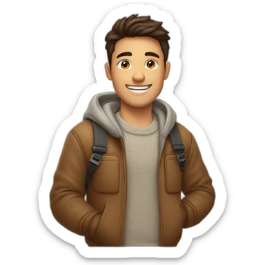 jeune homme brun grand souriant avec une caméra et un pull en main sticker