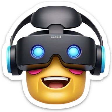 Clash of Clans aesthetic: Cinematic Playful PlayStation VR Headset Portrait Emoji, rendered in a 3D vector-style similar to standard emojis with minimal shading and bold, simplified shapes. A compact, distinct form with signature details, softly glowing with a cutting-edge console technology charm. Simplified yet unmistakably iconic, highly detailed and consistent, glowing with a soft radiance and high shine. Stylized with a touch of technological advancement and a soft glowing outline, capturing the essence of a beloved gaming relic with a friendly, playful manner! sticker