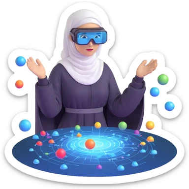 computer engineer with white hijab wearing AR glasses or VR headset, immersed in augmented reality, surrounded by floating metaverse elements, digital codes, virtual machines, tech graphics sticker