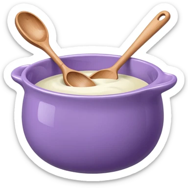 a lilac ceramic mixing bowl with a wooden spoon stirring sticker