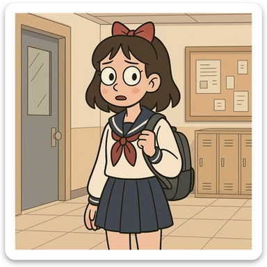anime school girl in school setting, flat toon style sticker
