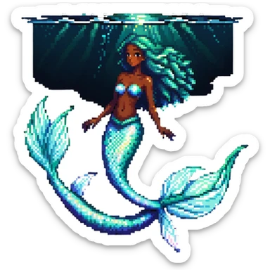 Dark-skinned mermaid with glowing iridescent tail in ocean setting sticker