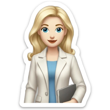 pale skin woman with blonde middle length straight line hair, blue eyes, White classical jacket, Gray Palazzo pants holding a color palette in the hands sticker