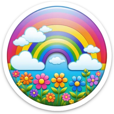 A round psychedelic colored button with a bezeled rainbow and colored hippie style flowers sticker