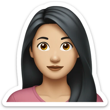 A head and shoulders shot of a 36 year old Asian woman, with long black hair,   with brown eyes wearing a t-shirt. sticker