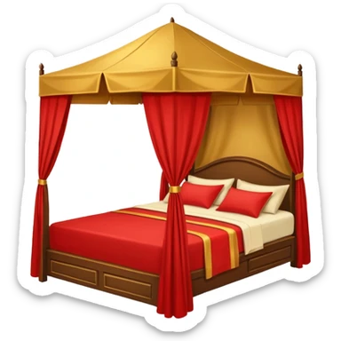 bed with red and gold sheets, wooden, canopy, simple sticker