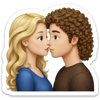 blonde girl with straight long hair and brunette boy with curly hair kiss sticker