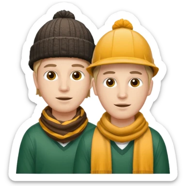 one person with two heads: with one head wearing a loggers hat and the other a football scarf sticker