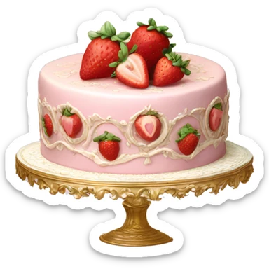 vintage rococo highly detailed pale pink cake with strawberries sticker