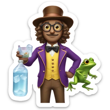 Willy Wonka with long brown hair and he’s yellow Trippin with glasses on a mustache and he’s holding a frog and a seltzer sticker