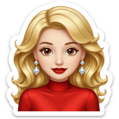 “Emoji girl, glamorous smile, shimmering gold eyeshadow, bold red lips, voluminous waves, dramatic lashes, wearing diamond earrings and gold gown.” sticker