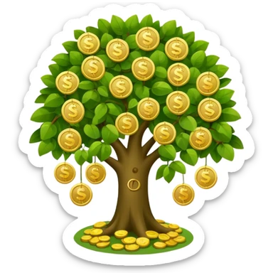 Apple-style money tree, round soft green canopy.
No pot, no ground — only the tree.
Small gold coins as fruits inside the leaves (not below).
Flat 2D vector, clean shapes, no gradients.
Dark near-black background, premium fintech icon. sticker