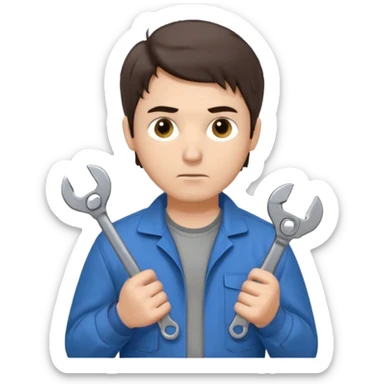 Calm and independent male technician, fair skin, short tousled dark brown hair, cool gray eyes, serious but composed expression, wearing a blue work jacket over a grey t-shirt, holding a wrench in one hand and a mechanical gear in the other, waist-up, front-facing sticker