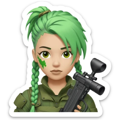 paintball player with geared face braided green hair sticker