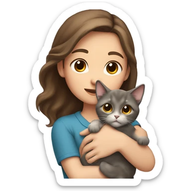 A girl with medium-length brown hair is holding a gray lop-eared cat in her arms sticker