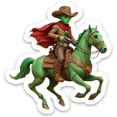 An alien cowboy riding a mechanical horse across a red Martian desert, two moons in the sky, dust storm swirling, wide cinematic shot, dramatic composition, hyper detailed, sci-fi western fusion sticker