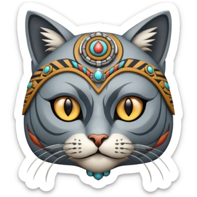 cat, wear tribal shaman cloth, half face robot sticker