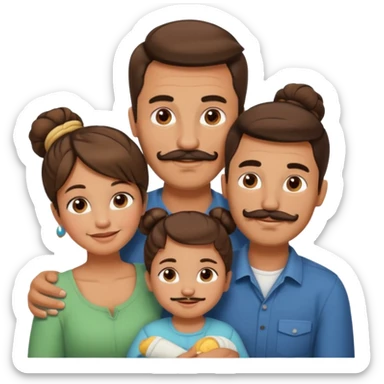 brown family with mom dad teenage daughter toddler son and baby. moms hair is in a bun and dad has a mustache and beard sticker