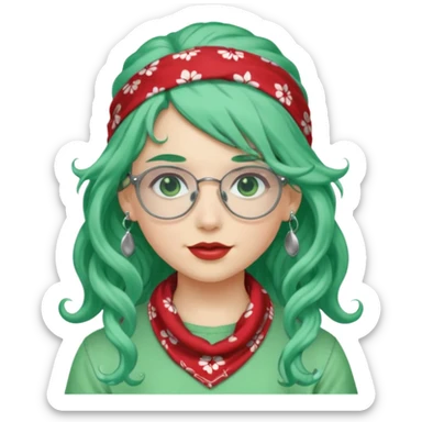 girl with long curly peppermint green hair and single-color bandana and glassess and earring sticker