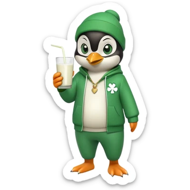 full body friendly anthropomorphised penguin wearing green mafia-style tracksuit, angry confident scheming stance, holding glass of milk, shamrock accessory sticker