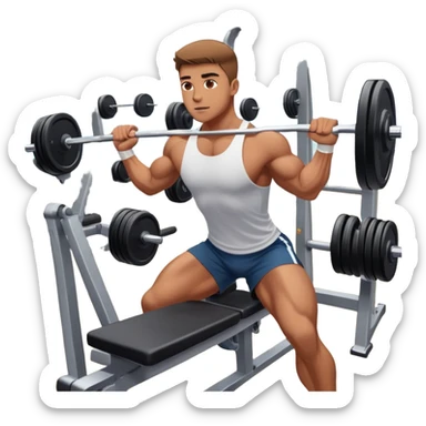 A focused athlete working out on a strength training machine in a modern gym. Muscles engaged, expression determined, demonstrating power and endurance. The gym is filled with equipment like dumbbells, barbells, and mirrors reflecting effort, creating a high-energy atmosphere. sticker