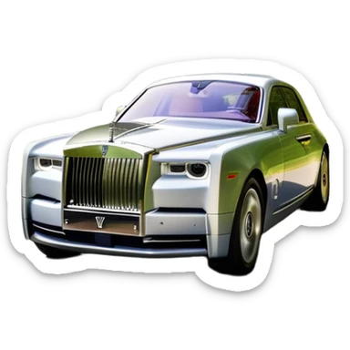 Rolls-Royce Phantom (2022) – cinematic-realistic Rolls-Royce Phantom emoji, its polished silver frame glistening under the sun as it glides down a winding, tree-lined road. The iconic Spirit of Ecstasy hood ornament stands proudly, the V12 engine hums silently as the car cuts through the serene countryside, embodying elegance and power. sticker