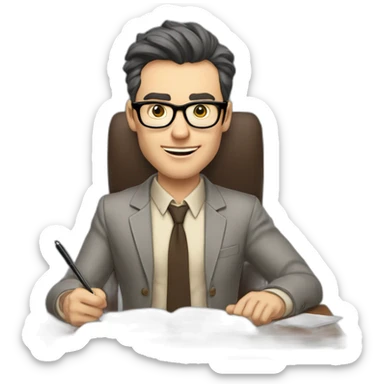 Fooling showing his tongue Pale skinned Fit Man With dark brown hair in gray jacket, beige office shirt, Brown pants and vintage glasses sitting In a soft chair with a notebook and a pen sticker