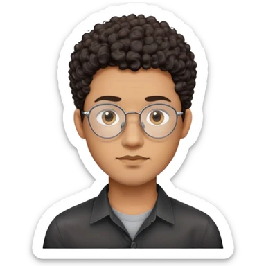 Man with oval-shaped face, large oval metallic glasses, dark curly short hair with high fade, light brown complexion, gentle expression, black button-up shirt sticker
