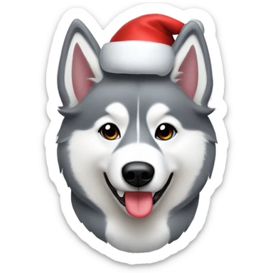 Grey and white husky wearing a Santa hat and holding a candy cane sticker
