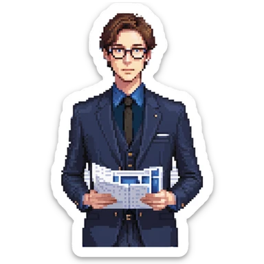 Flat pixel art, focused and reserved male architect, American, Caucasian features, short sleek brown hair, wearing glasses, wearing a deep indigo suit jacket over a black shirt, holding a blue print, waist-up, front-facing sticker