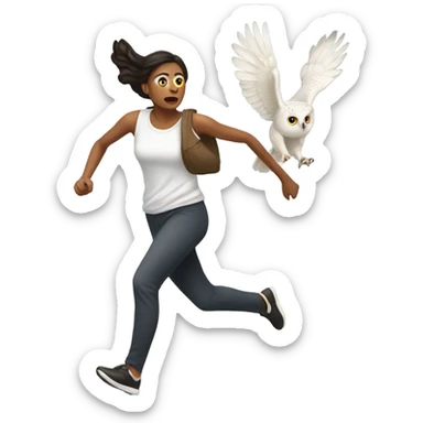 White skinned woman running away from owl sticker